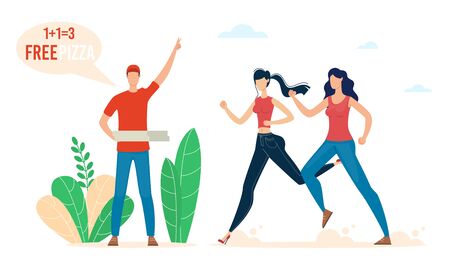 Pizzeria Special Offer, Fast Food Cafe or Restaurant Promo Campaign Trendy Flat Vector Concept with Deliveryman Promoting on Street, Women, Female Clients Hurrying on Take Free Pizza Illustrationのイラスト素材