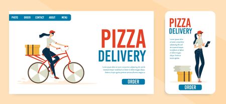 Pizzeria Pizza Delivery Service Trendy Flat Vector Horizontal and Vertical Web Banner, Landing Page. Female Courier, Crew Member Taking Clients Orders Online, Delivering Pizza on Bicycle Illustrationのイラスト素材