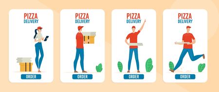 Pizza Delivery Online Service, Fast Food Restaurant, Pizzeria Mobile App Trendy Flat Vector Vertical Web Banners, Landing Pages Templates Set. Deliveryman, Courier Girl Delivering Orders Illustrationのイラスト素材