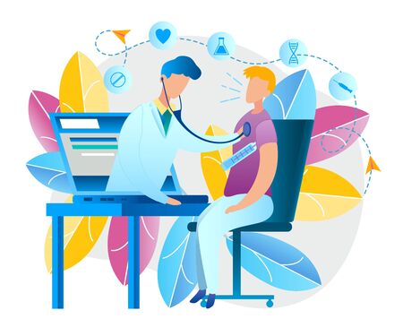 Illustration an Online Doctor Consultation at Home. Vector Image Man Measures Temperature Body Thermometer. Sitting in Front Laptop. Doctor Pediatrician Screen Monitor Device Examines Patient Diseaseのイラスト素材