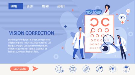 Vision Correction Methods Selection Trendy Flat Informational Landing Page. Refractionists and Ophthalmologists Conducting Modern Optical Eyes Tests, Special Glasses. Vector Cartoon Illustrationのイラスト素材
