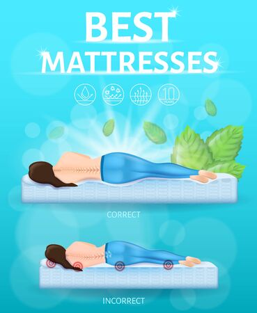 Best Orthopedic Mattress Realistic Vector Promo Banner or Poster with Correct and Incorrect or Traumatic Lying Positions During Sleep. Woman Lying on Orthopedic and Hard Spring Mattress Illustrationのイラスト素材