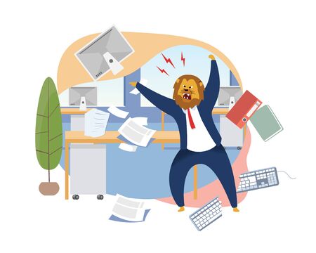 Angry Boss with Lion Head Vector Illustration. Office Worker Metaphor as Animals King. Mad Employer Shouting. Workday, Work Rush, Chaos, Deadline Concept. Papers, Documents, Folders, Keyboard Flyingのイラスト素材