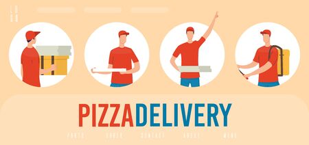 Pizzeria, Fast Food Restaurant Pizza Delivery Service Trendy Flat Vector Advertising Web Banner, Landing Page Template with Deliveryman, Male Courier in Uniform Delivering Clients Orders Illustrationのイラスト素材