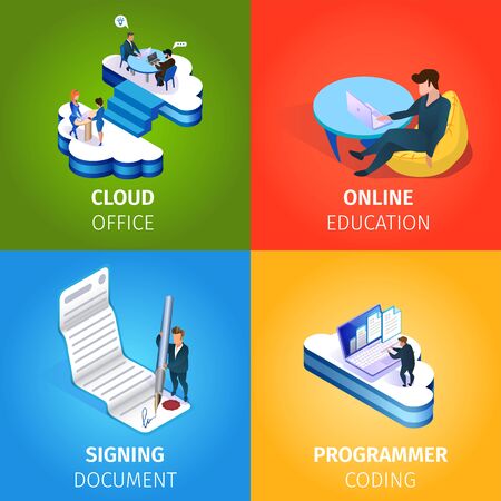 Cloud Office, Online Education, Signing Document, Programmer Coding Square Banners Set. Internet Technologies and Smart Devices in Human Life and Business. 3D Isometric Cartoon Vector Illustrationのイラスト素材