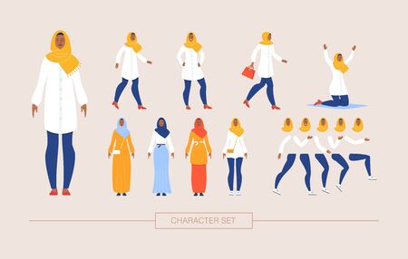 Muslim Woman in Traditional Hijab Character Constructor Isolated, Trendy Flat Design Elements Set. Religious Arab Lady in Various Poses, Body Parts, Emotion Expressions, National Wear Illustrationsのイラスト素材