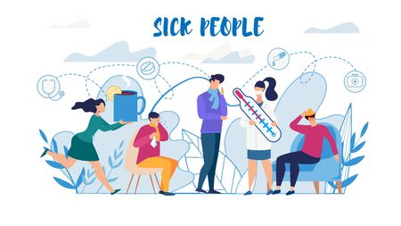 Sick People Suffering from Flu Need Help Flat Poster. Man and Woman Characters Feeling Unwell, Having Cold, High Temperature. Cough, Running Nose, Headache Symptoms. Vector Cartoon Illustrationのイラスト素材