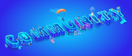 Isometric Projection of Word Community. Huge Letters on Ultramarine Neon Gradient Background. Little People Living Together in Smart High-Tech Neon City. 3d Vector illustration. Flat Characters.のイラスト素材