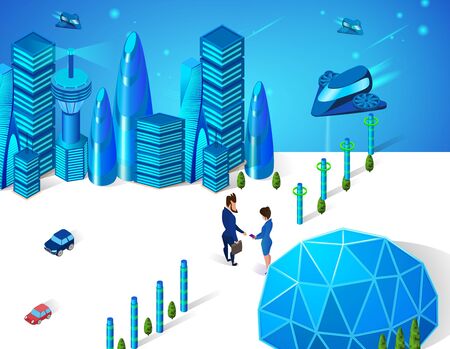 Male and Female Business People Characters Shaking Hands on Roadside of Modern City with Sphere Dome, Futuristic Glass Buildings, Cars and Spaceships Transport 3D Isometric Cartoon Vector Illustrationのイラスト素材
