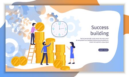 Successful Business Company, Investment Project Flat Vector Web Banner with Businesspeople Counting Money, Planning Profit, Working Together Illustration. Time Management Service Landing Page Templateのイラスト素材