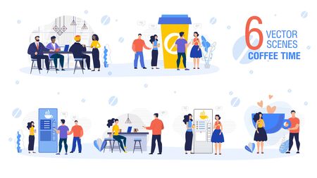 Coffee Time in Office Trendy Flat Vector Scenes Set Isolated on White Background. Company Employees, International Companies Business Partners, Entrepreneurs Team Together Drinking Coffee Illustrationのイラスト素材