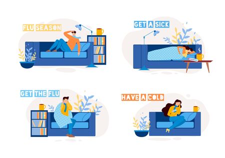 Sick People Characters on Sofa Flat Set. Man and Woman Have Cold, Suffering from Flu, Influenza, Infection and High Body Temperature. Home Interior. Illness and Sickness. Vector Illustrationのイラスト素材