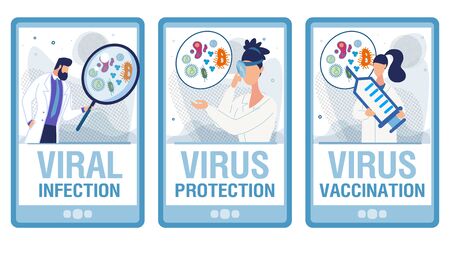 Viral Infection Diagnosis. Doctors in Uniform with Magnifying Glasses Researching Laboratory Tests, Offering Vaccine, Examining Throat with Frontal Reflector. Landing Page Set. Vector Illustrationのイラスト素材