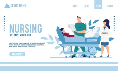 Flat Landing Page Advertising Nursing and Physical Therapy Medical Service. Doctor and Nurse Treating Seriously Ill Woman Lying on Hospital Bed. Healthcare and Telemedicine. Vector Illustrationのイラスト素材