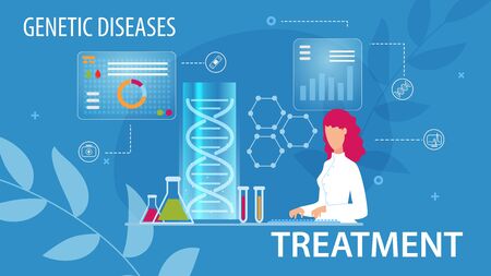 Genetic Disease Treatment Prevention Flat Medical Poster. Cartoon Woman Scientists Doing Lab Research, Typing on Keyboard. Gene Therapy. Determination Predisposition to Disorders. Vector Illustrationのイラスト素材