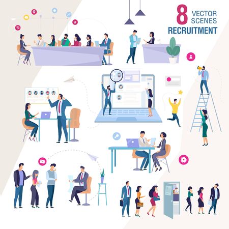 Business Personnel Recruitment Trendy Flat Vector Isolated Scenes Set. Human Resources Manager, Company Leader Meeting Job Candidates, Reading Work Applicants Resume, Conducting Interview Illustrationのイラスト素材