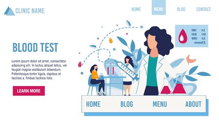 Clinic Laboratory Landing Page Offering Different Blood Test. Doctor and Patient in Lab. Sampling Red Human Liquid for Analysis, Transcript and Consultation. Vector Medical Illustrationのイラスト素材