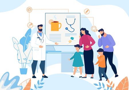 Sick Family with Cough Visiting Doctor Cartoon. Father, Mother, Son, Daughter at Physician Appointment. Hot Drinks and Pills Therapist Prescription in Patients Card. Vector Illustrationのイラスト素材