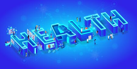 Vector 3d Neon Isometric Word Health on Blue Gradient Background with Neural Network. Little People Use Smart Medcine Technology in Life, Hiring Human Resources, Robot and Cyborg in Human Reality.のイラスト素材