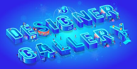 Isometric 3d Words Designer Gallery. Little People with Gadgets. Virtual and Augmented Reality, Global Network, Cyberspace, Mining, Investigations in Neon City Lifestyle. Flat Vector Illustration.のイラスト素材