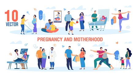Pregnancy and Motherhood Trendy Flat Vector Characters Set. Active Pregnant Women Walking with Child, Visiting Doctor, Meeting Friend, Shopping and Doing Exercises with Husband Illustration Collectionのイラスト素材