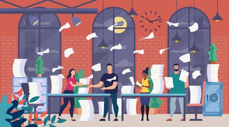 A Lot of Office Paperwork, Bureaucracy Flat Vector Concept with Company Employees Sorting, Analyzing and Organizing Paper Documents, Reading Correspondence, Trying to Finish Work at Time Illustrationのイラスト素材