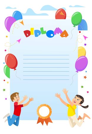 Diploma Certificate for Kindergarten, Elementary School, Preschool Student. Cheerful Cartoon Kids Jump with Hands Up. Balloons and Clouds Border. Seal Stamp. Colorful Vector illustration, Copy Spaceのイラスト素材