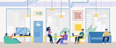 Coffee Break in Company Office Flat Vector Concept. Colleagues Drinking Coffee, Playing TV Games, Talking at Work, Freelancers Working and Resting Together in Coworking Center Office Illustrationのイラスト素材