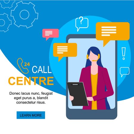 Customer Support Woman Operator with Headset Microphone on Mobile Phone Screen Call Centre Vector Illustration. Online Assistance Internet Chat Client Communication Female Assistant Appのイラスト素材