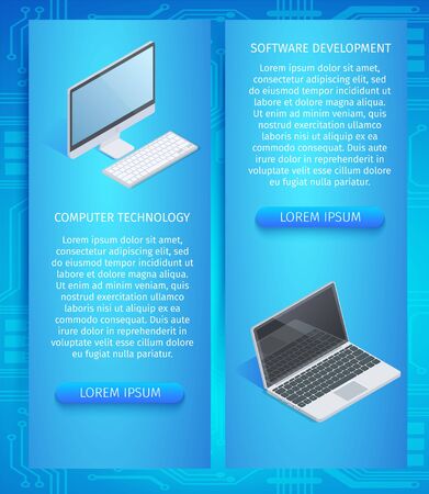 Computer Technology, Software Development Vertical Banners Set with Copy Space. Laptop and Personnel Computer on Blue Gradient Neon Background. Smart High-Tech Devices 3D Isometric Vector Illustrationのイラスト素材