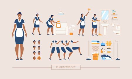 Hotel Cleaning Service Maid Character Constructor Isolated, Trendy Flat Design Elements Set. Working Female Servant in Uniform Various Poses, Body Parts, Face Expressions, Cleaning Tools Illustrationsのイラスト素材