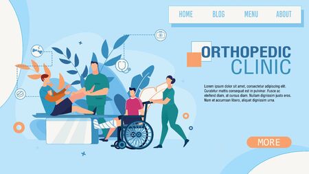Flat Landing Page Advertising Orthopedic Clinic Service. Cartoon Orthopedist Examining Injured Sportsman Leg. Caregiver Nurse Strolling Disabled Man in Wheelchair. Vector Doctor Office Illustrationのイラスト素材