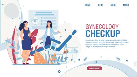 Flat Landing Page Offering Gynecology Checkup for Women. Female Visiting Gynecologist Doctor. Examination Room with Gynecological Chair Design. Medical Appointment. Vector Health Care Illustrationのイラスト素材