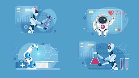 Smart Robotic Artificial Intelligence Medical Flat Set. Performing Surgery, Checking up Heartbeat and Conducting Laboratory DNA Tests. Future Medicine. AI Technology. Vector Cartoon Illustrationのイラスト素材
