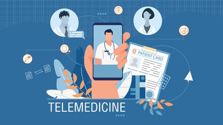 Telemedicine Banner Advertising Medical Mobile App. Cartoon Human Hand Holding Smartphone with Working Application for Online Doctor Consultation. Patient Card. Open Chat. Vector Flat Illustrationのイラスト素材