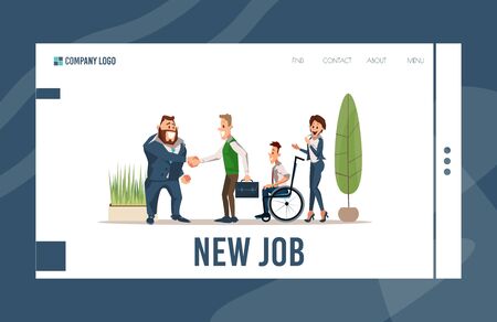 Job Search and Personnel Recruitment Online Service, Human Resources Agency Trendy Flat Vector Web Banner, Landing Page. Satisfied Company Leader Handshaking and Welcoming New Employees Illustrationのイラスト素材
