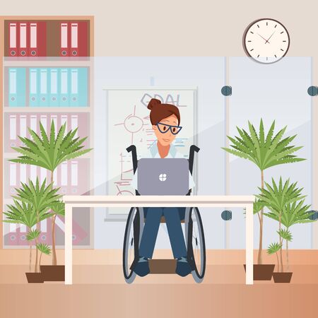 Disabled People Employment, Education and Business Career Opportunities Trendy Flat Vector Concept. Woman in Wheelchair Working on Laptop at Office Workplace, Mailing Female Entrepreneur Illustrationのイラスト素材