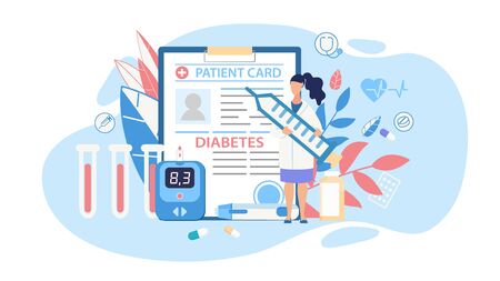 Diabetes Diagnosis and Control Therapy Medical Cutout Cartoon. Doctor Holding Huge Syringe with Insulin Standing over Patient Card and Blood Glucose Meter. Vector Trendy Flat Illustrationのイラスト素材