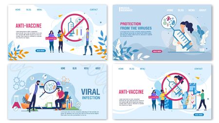 Medical Landing Page Flat Set for Online Service. Anti-Vaccine Protest Design. Viral Infection Protection by Immunization Layout. People and Doctors. Treatment and Healthcare. Vector Illustrationのイラスト素材