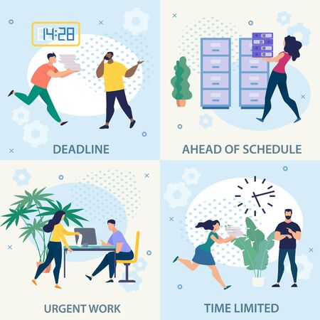Advertising Flyer Set Urgent Work Deadline Flat. Banner Inscription Ahead Schedule, Time Limited. Key to Working with People. Woman Carries Folders to Paper Drawer. Vector Illustration.のイラスト素材