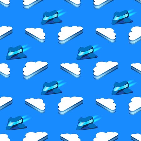 Seamless Pattern with White Clouds and Futuristic Airplanes or Space Shuttles on Blue Neon Glowing Gradient Background. Smart Technology Abstract Ornament, Pattern. 3D Isometric Vector Illustrationのイラスト素材