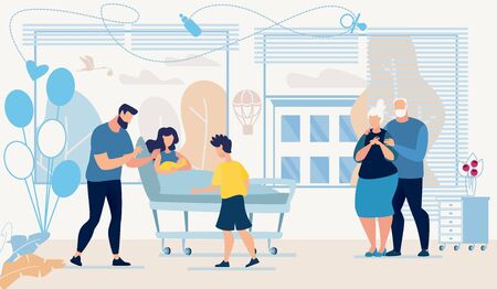 Happy Family and Newborn with Mother in Ward. Father and Son Greeting Mom with Baby Birth. Grandmother and Grandfather Standing and Hugging. Maternity Hospital. Vector Cartoon Flat Illustrationのイラスト素材