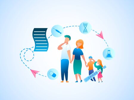 Flat Illustration Husband and Wife with Sick Child. Vector Image Sheet Paper with Prescription for Treating Child Disease. Little Girl with Thermometer Measures Body Temperature. Pill, Syringe, Dnaのイラスト素材