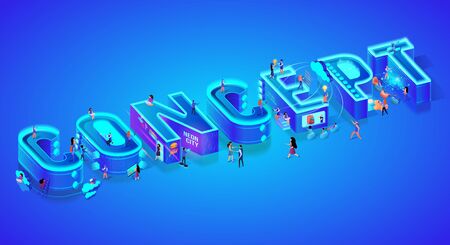 Isometric 3d Word Concept. Miniature City Characters. Users with Gadgets, Smartphones and Devices. Virtual and Augmented Reality, Chat bot, Cloud Storage System. Ultramarine Neon Vector Illustration.のイラスト素材