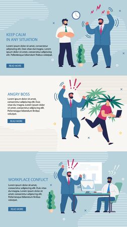 Set Banner Inscription Keep Calm in any Situation. Poster Lettering Angry Boss, Workplace Conflict. Difficulty Communicating in Workplace. Man in Suit is Angry. Vector Illustration.のイラスト素材