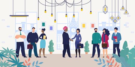 Business Meeting for Negotiations with Foreign Partner or Investor Flat Vector Concept with Businesswoman, Company Female Leader Shaking Hands with Indian Businessman in Dastaar or Turban Illustrationのイラスト素材