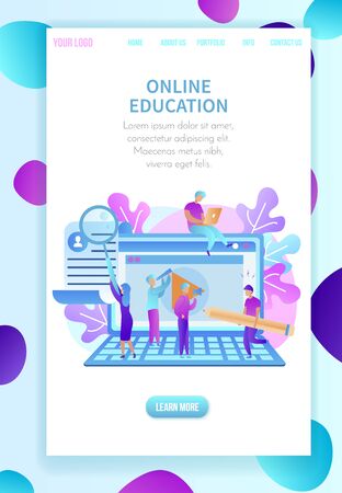 Huge Laptop, Young Studying People Around. Training Students Gaining Knowledge. Internet and Online Education. Vertical Banner with Copy Space and Abstract Ornament Border. Flat Vector Illustration.のイラスト素材