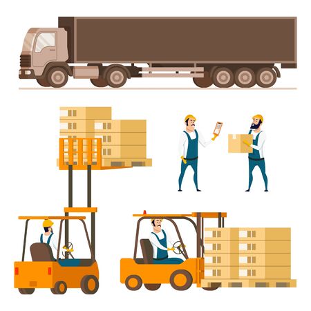 Storage Delivery Equipment Element Character Set. Compact Forklift Cars with Box in Various Combination, Shipping Truck, Warehouse Worker in Uniform. Flat Cartoon Vector Illustrationのイラスト素材