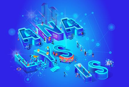 Isometric Projection Of Word Analysis. Augmented Reality for Finance Analytics. Businesspeople Analyzing Big Data. Virtual Infographics. Future Digital Services for Business. 3d Vector Illustration.のイラスト素材