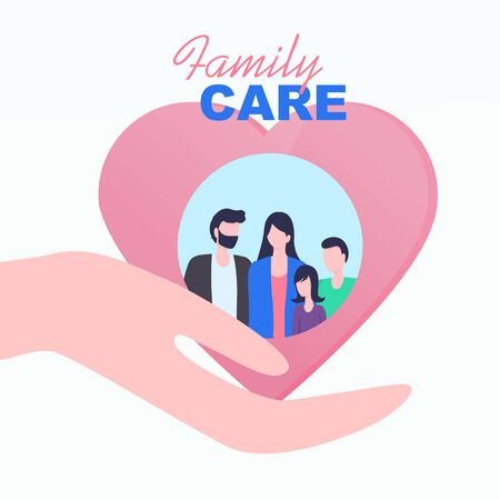 Cupped Hand Palm Heart Family Care Vector Illustration. Father Mother Daughter Son Relationship Medical Insurance Parent Protection Children Security Family Values Safety Love Supportのイラスト素材